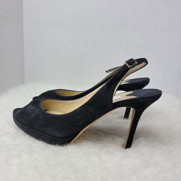 Jimmy Choo “Nova” Slingback Peep Toe Platform Pumps Black Satin Shoes Size 8 - Picture 3 of 11